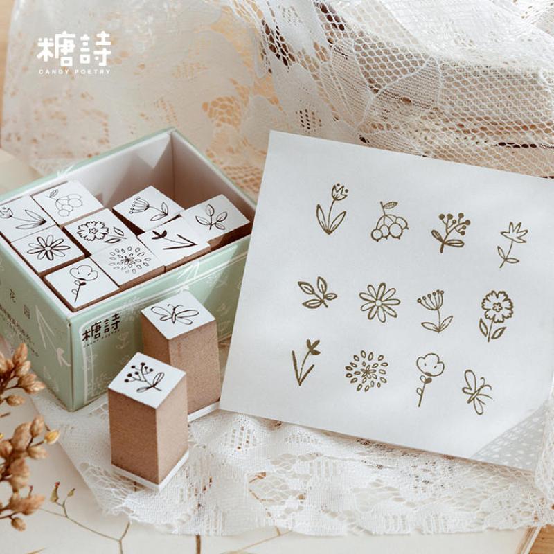 12pc set salt style cute wooden rubber stamps for DIY scrapbooking decoration Journal crafts Kawaii