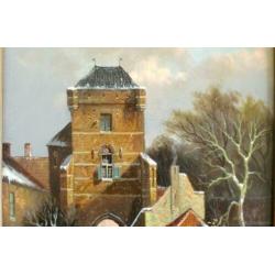 Winters tafereel: Dijkpoort te Hattem - olieverf op paneel