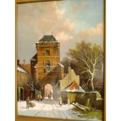 Winters tafereel: Dijkpoort te Hattem - olieverf op paneel