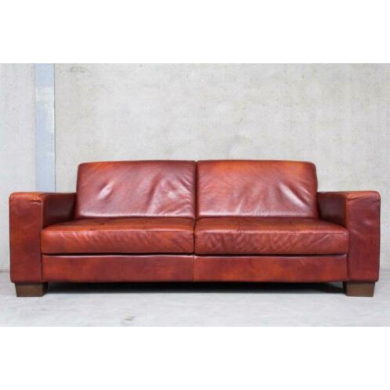 Leren Bank met Hocker - Cognac Bruin - Leer - Sofa
