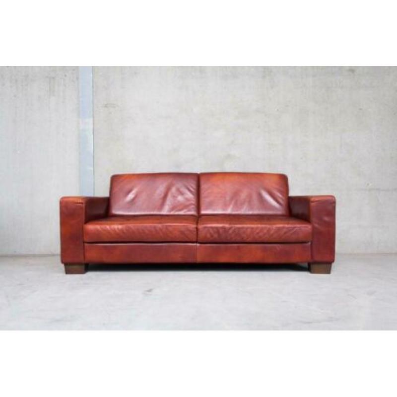 Leren Bank met Hocker - Cognac Bruin - Leer - Sofa
