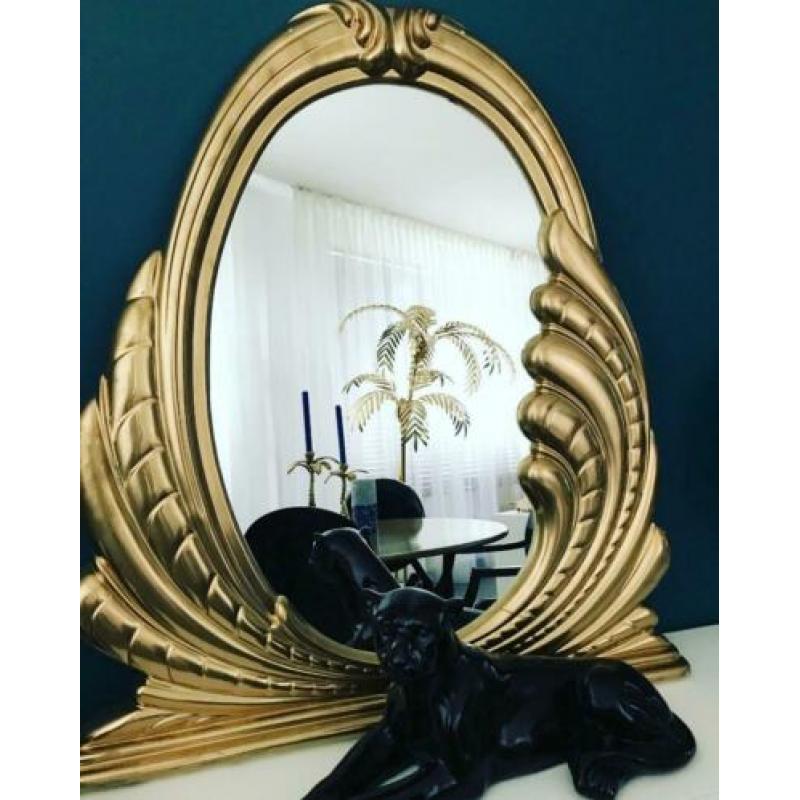 XL spiegel schelp goudkleurig vintage Hollywood Regency