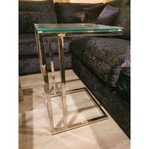 aanschuif tafel bank chrome zilver glasplaat tafeltje
