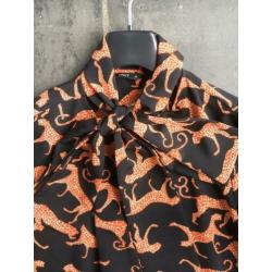 Prachtige blouse panter luipaard strik zwart oranje mt 38