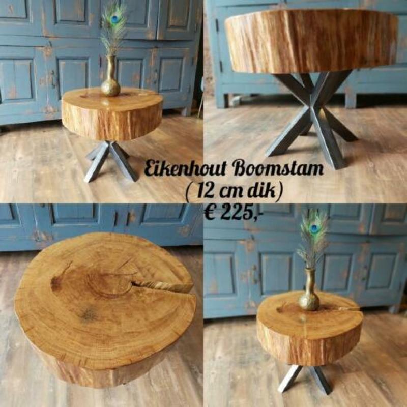 Boomstam Eikenhout Metalen 4-poot Tafeltje Salontafel