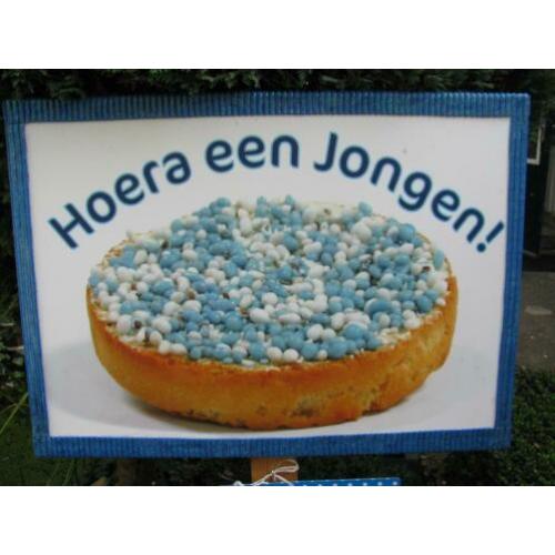 Beschuit met blauwe muisjes + geboorteborden + ooievaars
