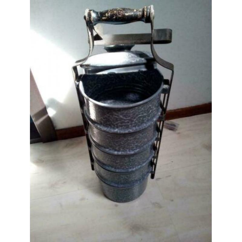 emaille vintage camping pannenset hoog 48cm