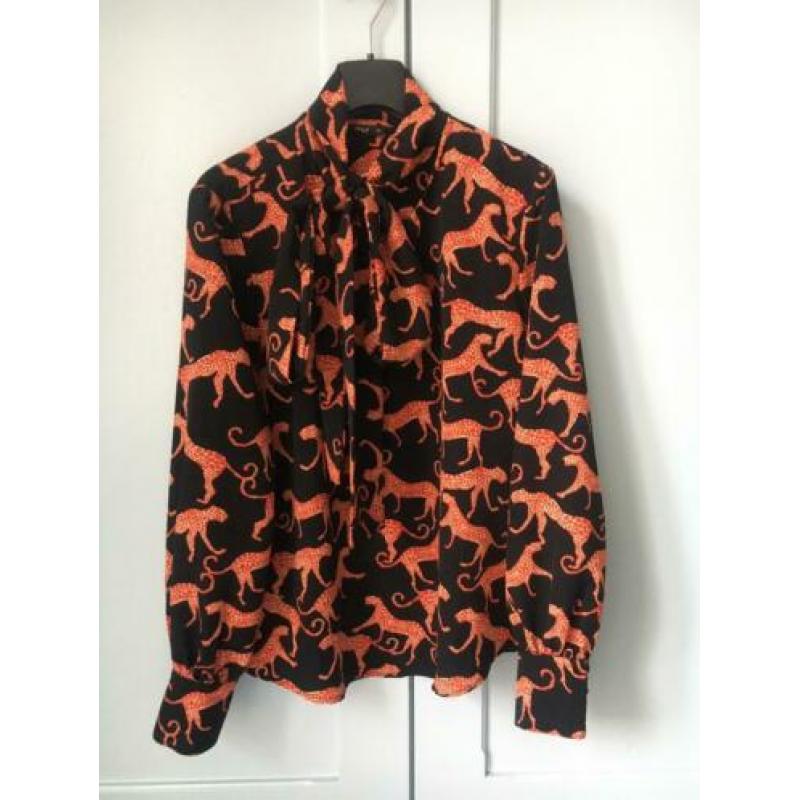 Prachtige blouse panter luipaard strik zwart oranje mt 38