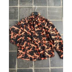 Prachtige blouse panter luipaard strik zwart oranje mt 38