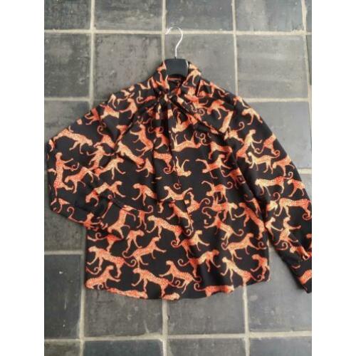 Prachtige blouse panter luipaard strik zwart oranje mt 38