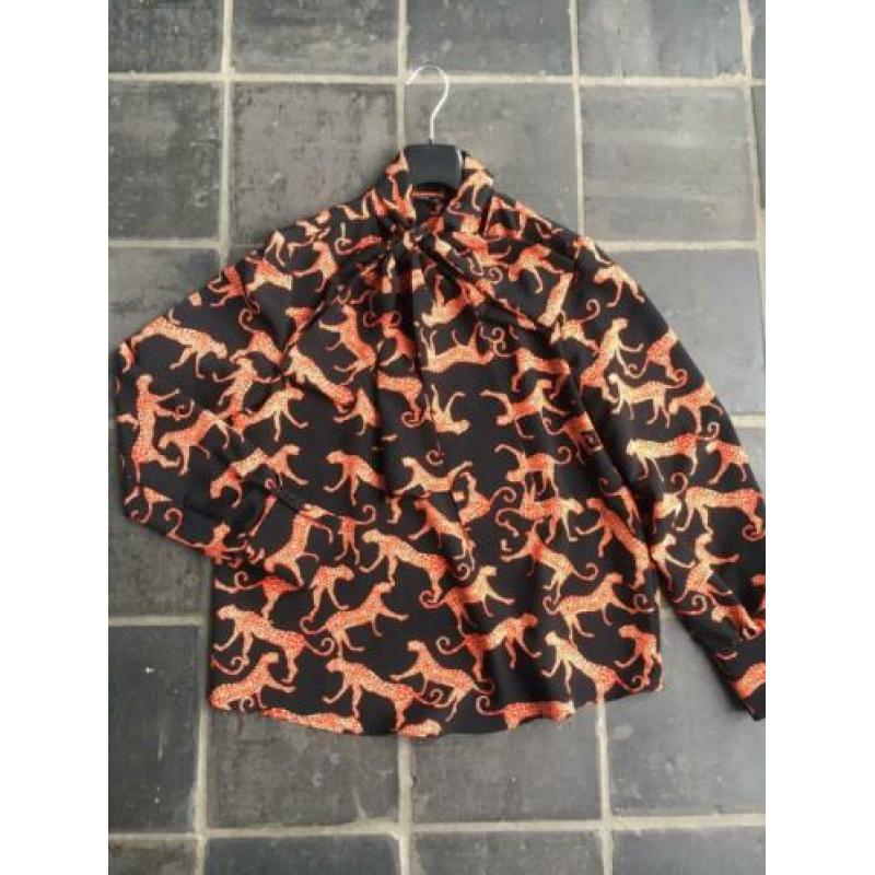Prachtige blouse panter luipaard strik zwart oranje mt 38