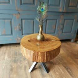 Boomstam Eikenhout Metalen 4-poot Tafeltje Salontafel