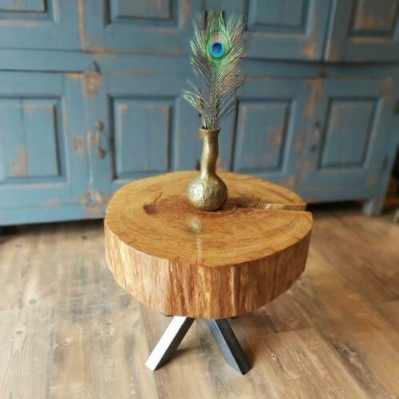 Boomstam Eikenhout Metalen 4-poot Tafeltje Salontafel