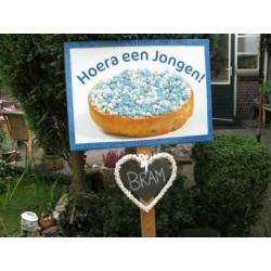 Beschuit met blauwe muisjes + geboorteborden + ooievaars