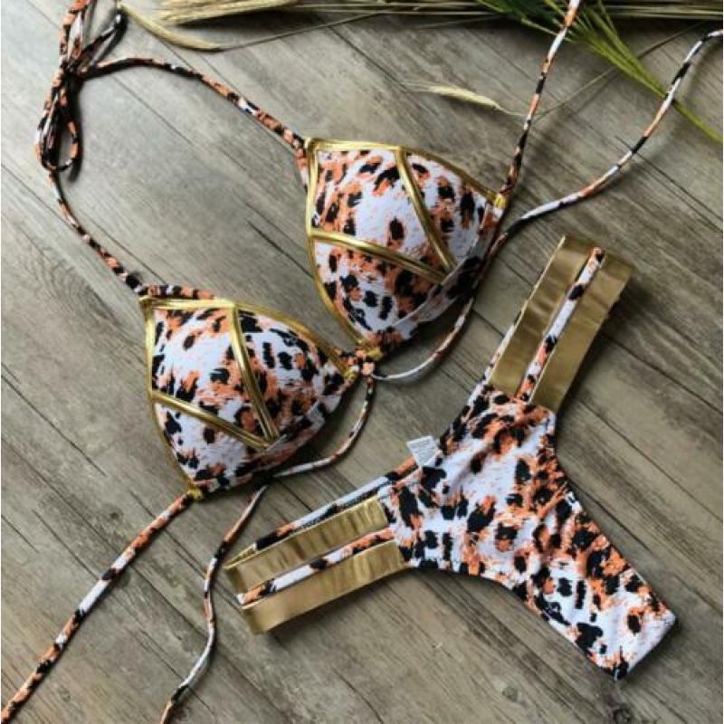 Luipaard gouden push up string bikini bandage 34 36 38 40