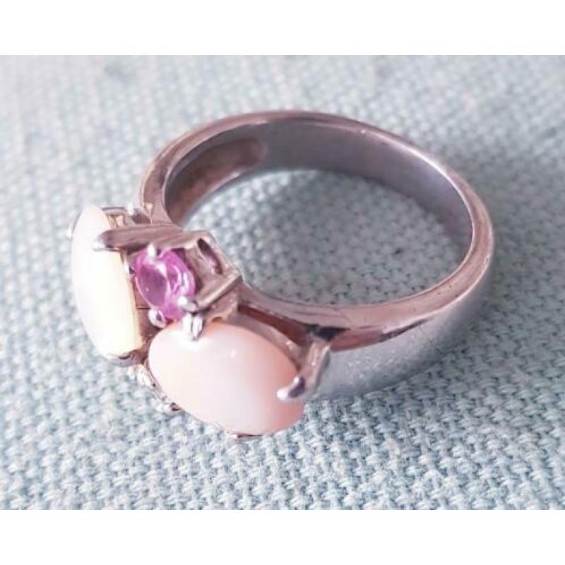 Zilver ring roze witte stenen maat 18,5
