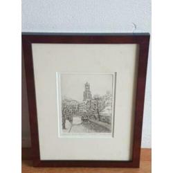 Ets van A. Wieringa Utrecht oude gracht met Dom genummerd