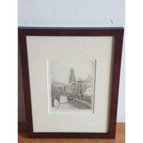 Ets van A. Wieringa Utrecht oude gracht met Dom genummerd