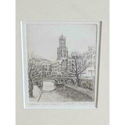Ets van A. Wieringa Utrecht oude gracht met Dom genummerd