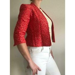 Kaliko: Dames blazer korte mouw, rode bloemen op goud - M/L