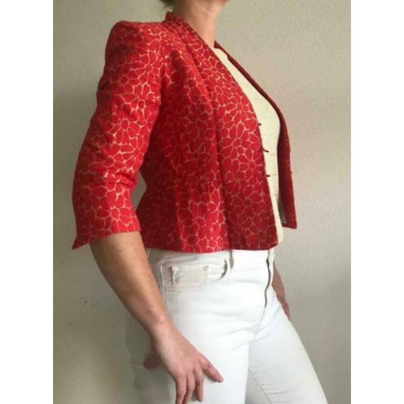 Kaliko: Dames blazer korte mouw, rode bloemen op goud - M/L