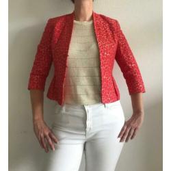 Kaliko: Dames blazer korte mouw, rode bloemen op goud - M/L