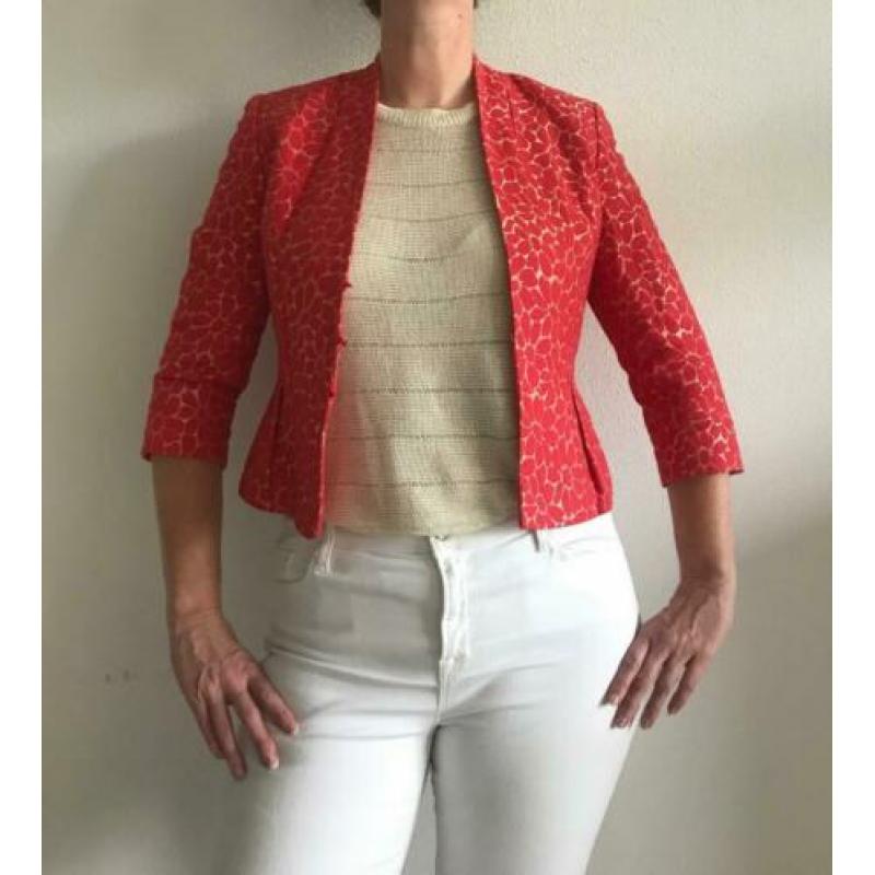 Kaliko: Dames blazer korte mouw, rode bloemen op goud - M/L