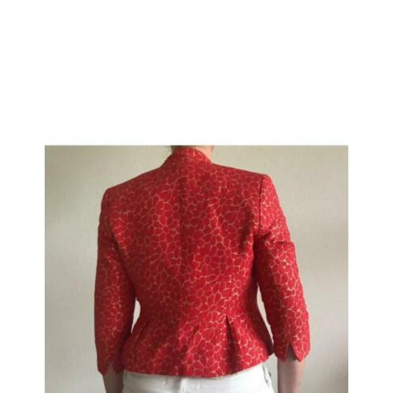 Kaliko: Dames blazer korte mouw, rode bloemen op goud - M/L
