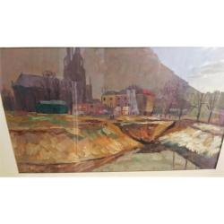 Dorpsgezicht met kerk 1955, olieverf.paneel, gesigneerd
