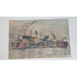 Aquarel August Willem ( A.W. )van Voorden Rotterdam Haven