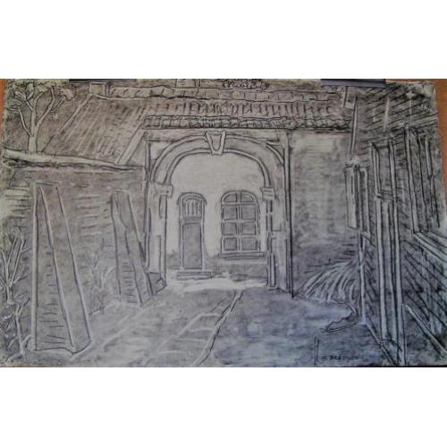 Hubert Bekman "Grathem kloostermuur "potlood tekening 1935