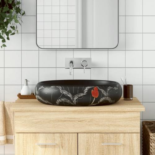 VidaXL Opzetwasbak ovaal 59x40x15 cm keramiek zwart