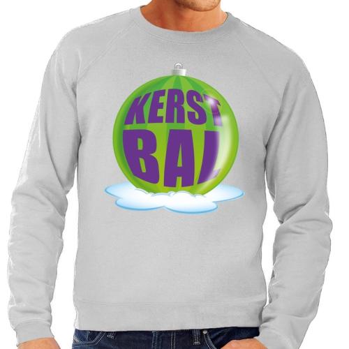 Foute feest kerst sweater met groene kerstbal op grijze sweater voor heren