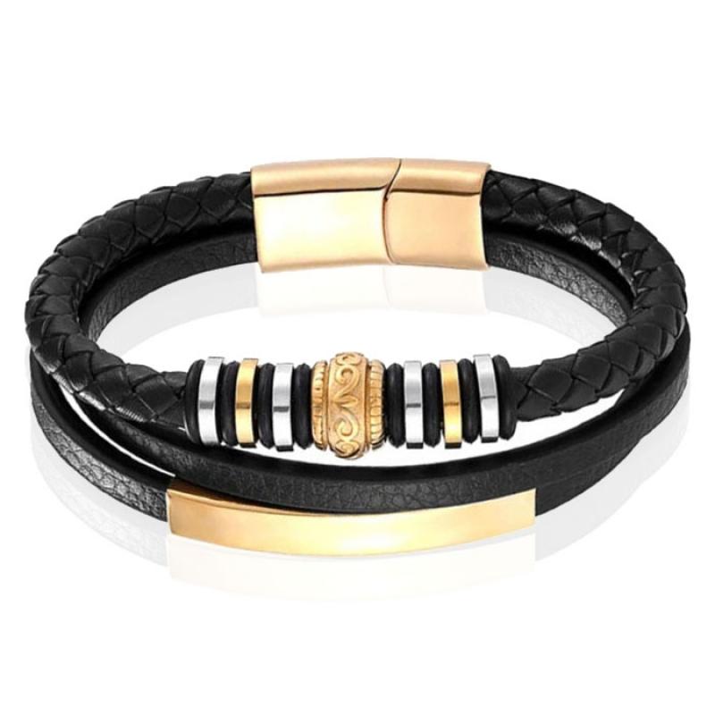 Mendes Jewelry Heren Armband - Zwart Leder met Bedels en Gouden Sluiting-23cm