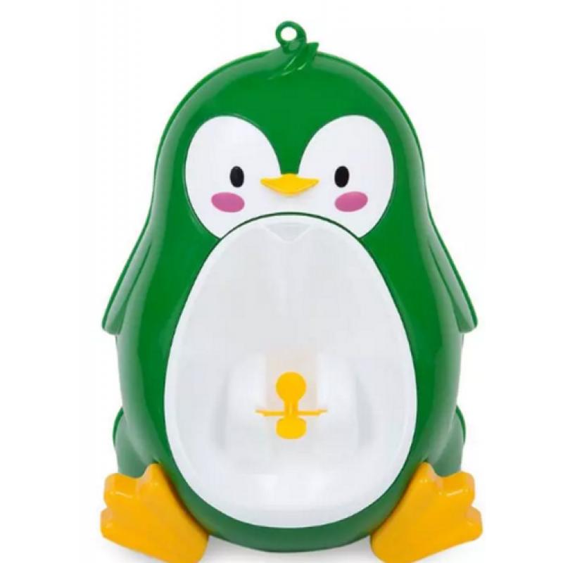 Plaspotje als urinoir uitgevoerd en verkleed als kleurrijke pinguin