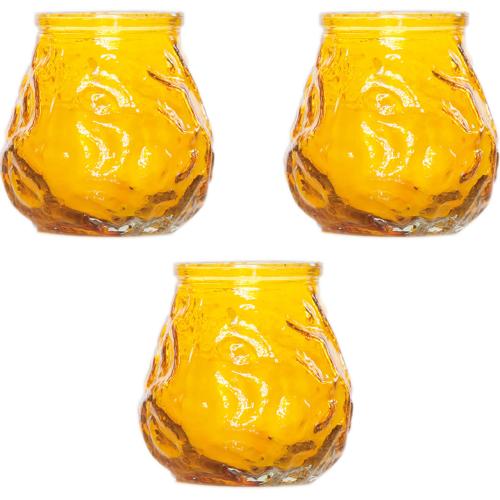 3x Gele tafelkaarsen in glazen houders 7 cm brandduur 17 uur