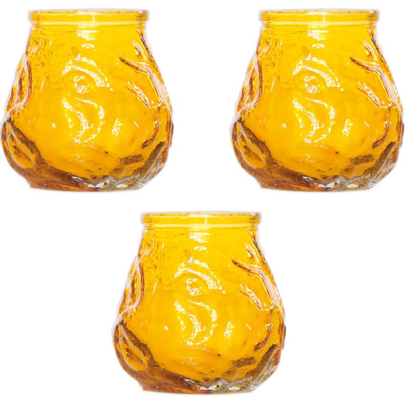 3x Gele tafelkaarsen in glazen houders 7 cm brandduur 17 uur
