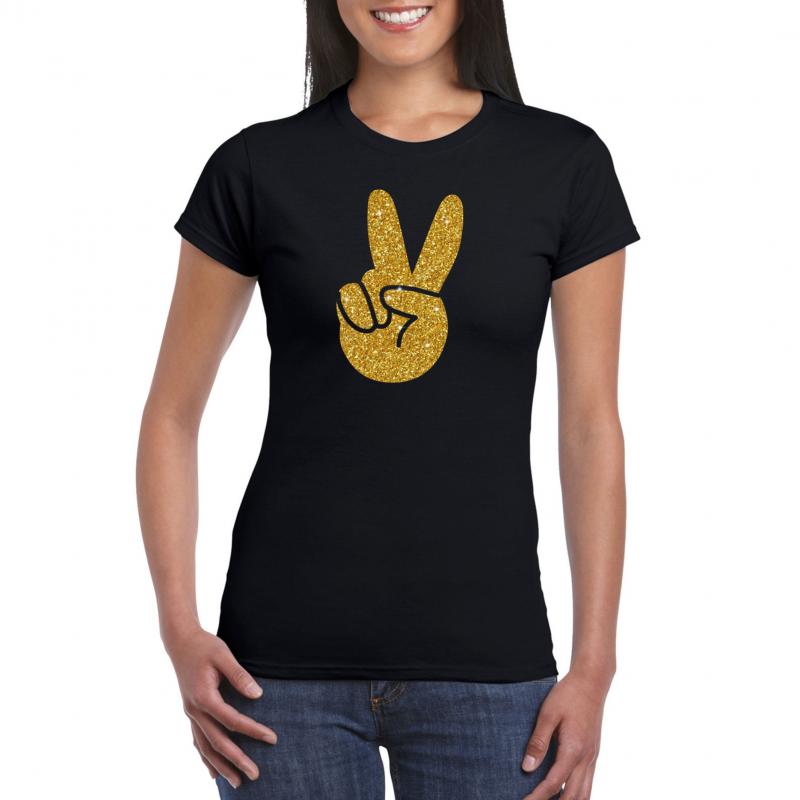 Toppers - Zwart Flower Power t-shirt gouden glitter peace hand dames